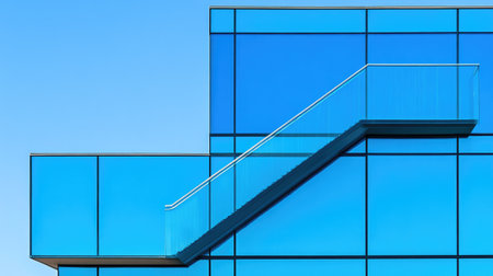 Winding staircase in a modern glass building, with sleek handrails and minimalist architectural designの素材