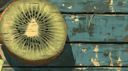 A juicy kiwi cut in half, showcasing its bright green color and unique texture, placed on a wooden surfaceの素材