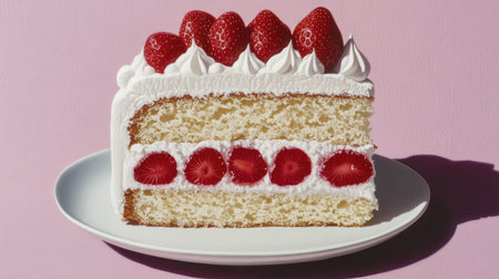 A juicy slice of cake topped with fresh strawberries and whipped cream, set on a pastel-colored plateの素材