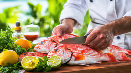 Chef cutting fillets of fish on a kitchen counter, preparing seafood for cookingの素材