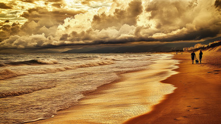 A couple walking their dog along a peaceful beach, with soft waves lapping at the shore and a cloudy sky overheadの素材