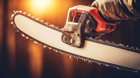 Cutting tree branches with a chainsaw in the forest, clearing debris for a woodworking projectの素材