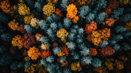 A panoramic view of a dense forest with vibrant autumn foliage, showing a stunning mix of red, orange, and yellow leaves. -の素材