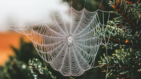 A dense web of spider silk stretching across tree branches in a forest, glistening in the morning dewの素材