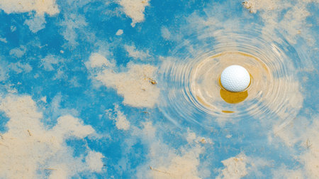 A golf ball floating in a pond near a golf course, with ripples and a reflection of the skyの素材