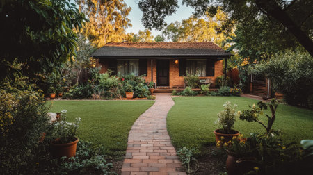 An empty front yard with a brick path leading to the front porch, potted plants on either side, and a quiet atmosphere. No one is presentの素材