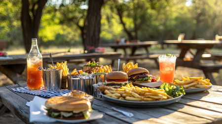 A Western-style lunch spread featuring burgers, fries, and cold drinks, served on an empty picnic table. No people in sightの素材