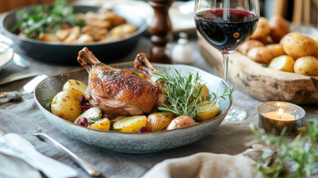 An elegant table set with a gourmet European meal of roasted duck and potatoes, accompanied by a glass of red wine. No one is seatedの素材