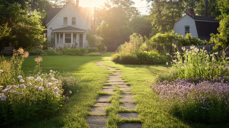 An empty front yard with a neat lawn, a stone path leading to a charming house, and flower beds blooming under the sunlightの素材