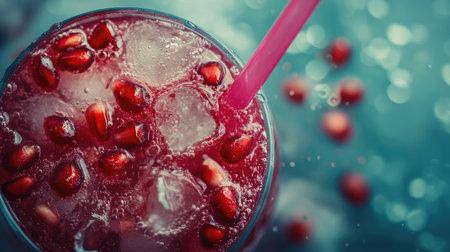 A vibrant close-up of a refreshing pomegranate drink served with ice and a straw, perfect for summer gatherings or parties. Enjoy the colorful bubbles!の素材