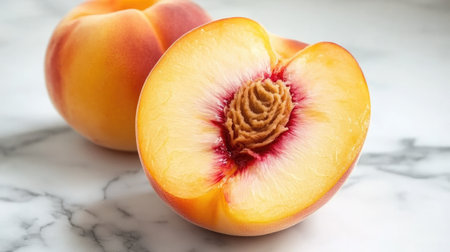 An appetizing close-up of a freshly cut peach revealing its juicy flesh and seed. Ideal for food photography, this image captures the natural beauty of summer fruit.の素材