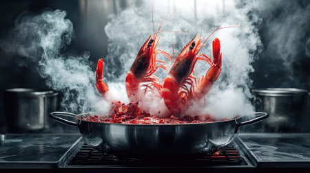 A captivating shrimp dish showcased in a pot, enveloped in dramatic steam, highlighting the art of culinary creation in a modern kitchen setting.の素材