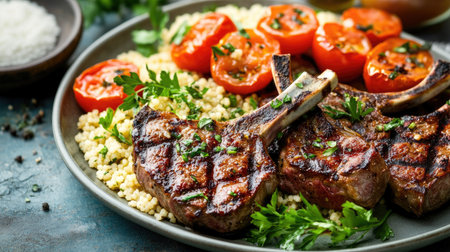 A delicious platter featuring grilled lamb chops, served with couscous and roasted tomatoes. Perfect for a feast or a special dinner occasion.の素材