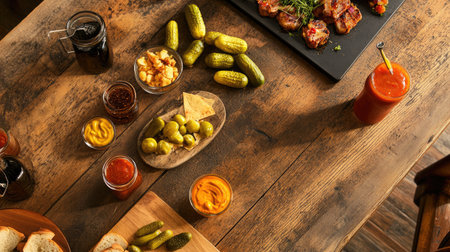 A beautiful overhead view of a vibrant food spread on a rustic wooden table featuring pickles, sauces, and appetizers ideal for gatherings and celebrations.の素材