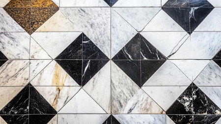 Top view of a black and white checkered tile floor, showcasing bold contrasts and geometric design.の素材
