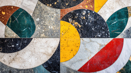 Top view of a polished terrazzo floor with colorful marble chips embedded in concrete, offering a retro lookの素材