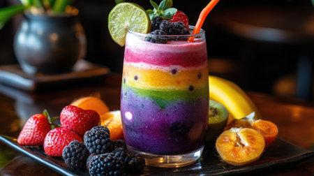A vibrant fruit smoothie with colorful layers, served in a glass jar with a straw, surrounded by fresh fruits.の素材