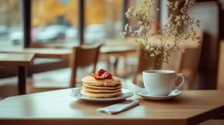 An empty Western food cafe with a table set for breakfast, featuring pancakes, bacon, and a cup of coffee. No one is aroundの素材