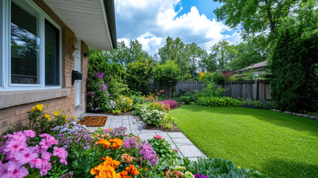 A well-manicured front yard with colorful garden flowers, a neat lawn, and a welcome mat at the doorstep. The yard is peaceful and emptyの素材