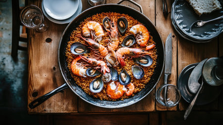 A traditional Spanish paella dish with seafood and saffron rice, served in a large pan. The table is empty, with no one aroundの素材