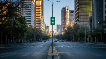 A green traffic light shines on a wide, empty boulevard with no cars or pedestrians visible, in the early morning lightの素材
