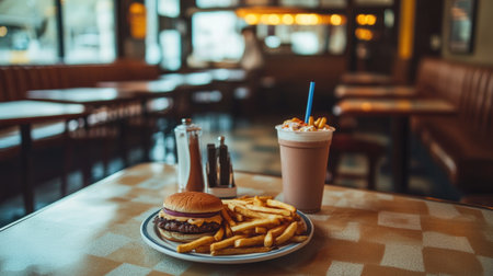 An empty Western-style diner with a plate of burgers, fries, and a milkshake on the table. No one is present -の素材