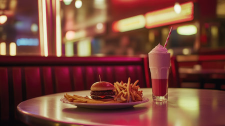 An empty Western-style diner with a plate of burgers, fries, and a milkshake on the table. No one is present -の素材
