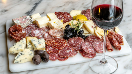 A beautifully arranged charcuterie board featuring various cheeses, meats, and olives, with a glass of red wine creating an elegant dining experience.の素材