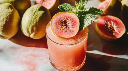 A vibrant cocktail featuring fresh guava and mint, perfect for summer enjoyment. Ideal for parties and refreshing gatherings with friends.の素材