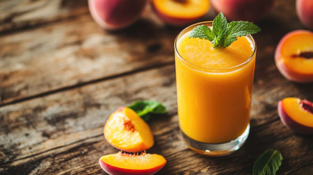 A refreshing peach smoothie served in a glass garnished with mint, surrounded by fresh peach slices on a rustic wooden table, perfect for summer enjoyment.の素材