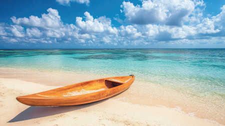 A serene scene featuring a paddleboard resting on soft sand by the clear ocean. The bright sky with fluffy clouds creates a perfect backdrop for relaxation and summer adventures.の素材