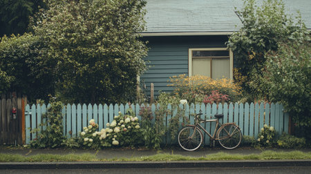 A front yard featuring a small picket fence, a bicycle leaning against it, and a colorful garden. The yard is empty with no one in sightの素材