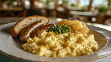 A traditional European breakfast of scrambled eggs, toast, and sausages, served on a ceramic plate. The table is empty, with no one aroundの素材