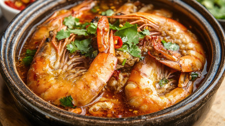 A delicious shrimp dish served in a rustic clay pot, topped with fresh herbs and spices, showcasing vibrant colors and inviting flavors. Perfect for culinary photography.の素材