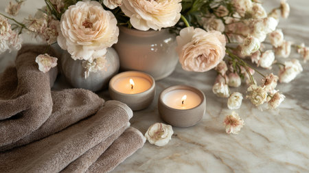A serene arrangement featuring soft candlelight and delicate flowers on a marble surface, ideal for creating a tranquil and elegant atmosphere in any setting.の素材