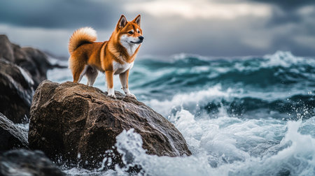 A spirited dog stands proudly on a rock, surveying the dynamic ocean waves crashing nearby. The scenic backdrop captures the essence of adventure and nature.の素材