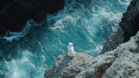 A solitary white animal perches on a rocky outcrop, gazing out over the vibrant turquoise ocean waves. This serene coastal scene captures the beauty of nature.の素材