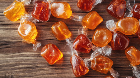 A vibrant assortment of colorful candies resting on a wooden surface, showcasing their glossy wrappers and inviting textures. Ideal for food lovers and sweet enthusiasts.の素材