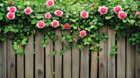 A tranquil scene showcasing vibrant pink roses cascading over a rustic wooden fence, perfect for enhancing spaces with a touch of natural beauty.の素材
