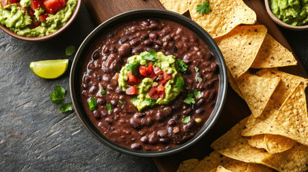 A bowl of spicy black bean dip, served with tortilla chips and fresh guacamole, perfect for a Mexican-themed dinnerの素材