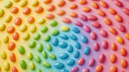 A vibrant arrangement of colorful candy eggs on a rainbow gradient background, perfect for celebrating spring, holidays, or festive occasions.の素材