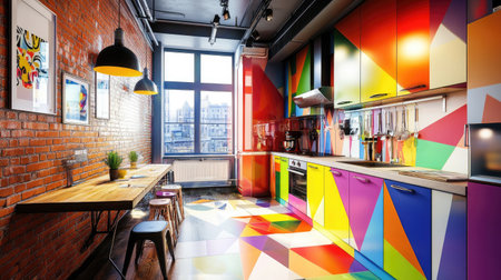 Explore vibrant geometric patterned tiles that add a modern touch to interiors, creating a lively and inviting atmosphere in kitchens or living spaces.の素材