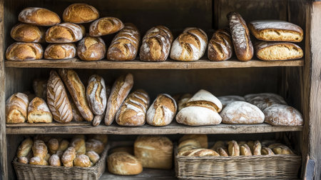 A rustic bakery display with freshly baked baguettes, sourdough, and rye bread, placed on wooden shelves, evoking the charm of artisanal baking -の素材