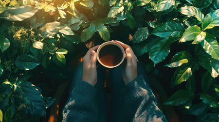 A person holding a cup of coffee while sitting outdoors, surrounded by greenery, with sunlight filtering through the treesの素材