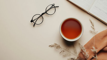 A flat lay of a desk with a cup of tea, a planner, and a pair of glasses, set up for a productive workdayの素材