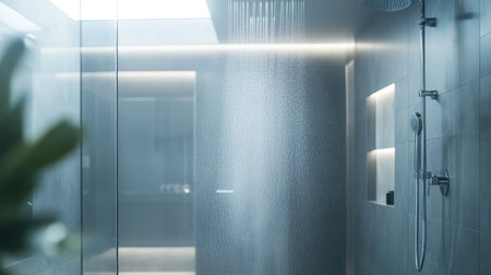Water spray from a handheld showerhead creating a misty, refreshing atmosphere in a modern bathroom with glass doors and a sleek, minimal designの素材