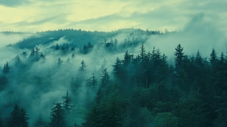 A serene misty forest landscape showcasing tall pine trees enveloped in fog, creating a tranquil and atmospheric scene perfect for nature enthusiasts.の素材