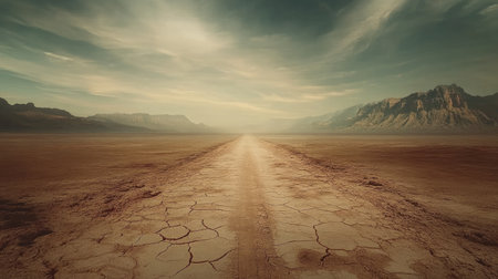 A serene landscape featuring an expansive dirt road stretching into the horizon, surrounded by a dry desert with dramatic mountains under a beautiful sky.の素材