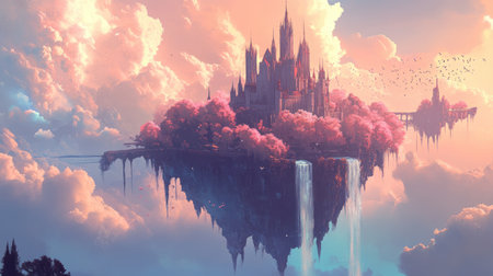 A stunning floating castle set against a dreamy pink sky, surrounded by lush trees and cascading waterfalls, creating a magical and serene atmosphere.の素材