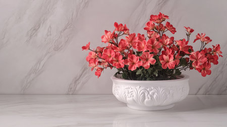 A stunning arrangement of pink flowers in an elegant white bowl, displayed on a minimalist marble surface, perfect for adding beauty to any interior space.の素材